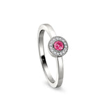 Platinum finish sterling silver micropave round simulated pink sapphire ring with simulated diamonds size 5