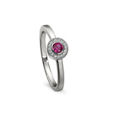 Platinum Finish Sterling Silver Micropave Round Simulated Ruby Ring with Simulated Diamonds Size 8