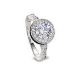 Platinum Finish Sterling Silver Micropave Round Halo Ring with Simulated Diamonds - Size 7