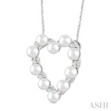 4 MM Round Shape Cultured Pearl and 1/3 Ctw Round Cut Diamond Heart Shape Pendant With Chain in 14K White Gold