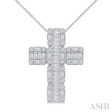 1 Ctw Fusion Baguette and Round Cut Diamond Cross Fashion Pendant With Chain in 14K White Gold