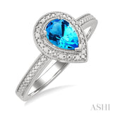 7x5 MM Pear Shape Blue Topaz and 1/50 Ctw Round Cut Diamond Semi-precious Ring in Sterling Silver