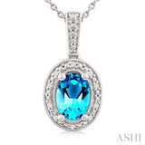 7X5 MM Oval Shape Blue Topaz and 1/50 Ctw Round Cut Diamond Semi-precious Pendant With Chain in Sterling Silver