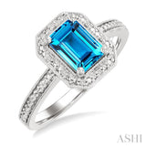 7x5 MM Octagon Shape Blue Topaz and 1/50 Ctw Round Cut Diamond Semi-precious Ring in Sterling Silver