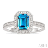 7x5 MM Octagon Shape Blue Topaz and 1/50 Ctw Round Cut Diamond Semi-precious Ring in Sterling Silver