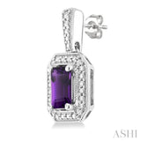 6X4 MM Octagon Shape Amethyst and 1/50 Ctw Single Cut Diamond Semi-Precious Earrings in Sterling Silver