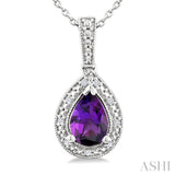 7X5 MM Pear Shape Amethyst and 1/50 Ctw Round Cut Diamond Semi-precious Pendant With Chain in Sterling Silver