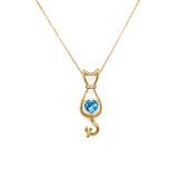 Blue Topaz & Diamond Cat Pendant in 14kt Yellow Gold