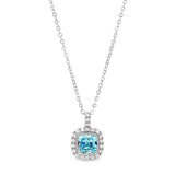 Platinum Finish Sterling Silver Micropave Simulated Aqua Marine Pendant with Simulated Diamonds on 18