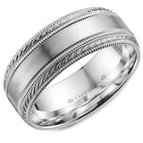 A white gold wedding band with a brushed center and milgrain detailing.
