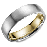 A white gold wedding band with a sandpaper finish and a yellow gold inlay.