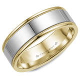 A yellow gold wedding band with white gold center and milgrain detailing.