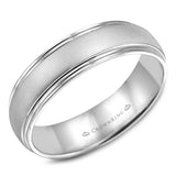 A white gold wedding band with a sandblast center.