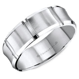 A white gold wedding band with a brushed center and line detailing.