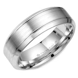 A white gold wedding band with a brushed center.