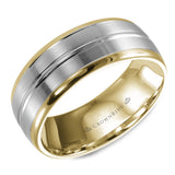 A yellow gold wedding band with a brushed white gold center.