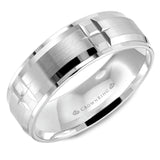 A white gold wedding band with a brushed center and notch detailing.