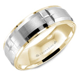 A yellow gold wedding band with a brushed white gold center and notch detailing.