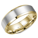 A yellow gold wedding band with a brushed white gold center and beveled edges.