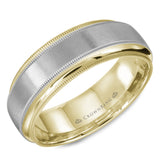 A white and yellow gold wedding band with a brushed center and milgrain detailing.