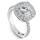 A Noam Carver white gold engagement ring with a cushion halo and 30 diamonds.