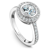 A Noam Carver white gold engagement ring with a round halo and 35 diamonds.