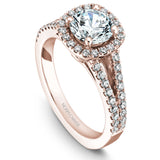 A Noam Carver rose gold engagement ring with a cushion halo, a split band and 56 diamonds.