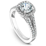 A Noam Carver white gold engagement ring with a cushion halo, a split band and 56 diamonds.
