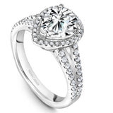 A Noam Carver white gold engagement ring with a pear halo, a split band and 63 diamonds.