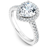 A Noam Carver white gold engagement ring with 39 diamonds and a pear cut centerpiece.