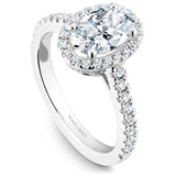 A Noam Carver white gold engagement ring with an oval cut center diamond, a halo and 54 diamonds.