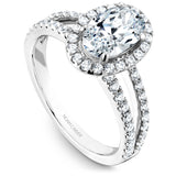A Noam Carver white gold engagement ring with a halo and a split band encrusted with 74 diamonds.