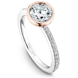 A Noam Carver white and rose gold engagement ring with 28 round diamonds.