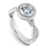 A Noam Carver white gold engagement ring with a twist band and 58 diamonds.