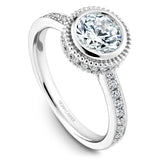 A Noam Carver white gold engagement ring with 38 diamonds and milgrain detailing.