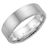 A wedding band in white gold with a brushed finish and rope detailing.