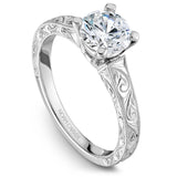 A Noam Carver engraved white gold engagement ring with a round centerpiece.