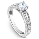 A Noam Carver engraved white gold engagement ring with 2 baguette and 8 round diamonds on a band.