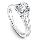 A Noam Carver engraved white gold engagement ring with a round centerpiece.