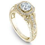 A Noam Carver engraved yellow gold engagement ring with a cushion halo and 44 diamonds.