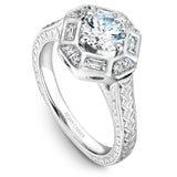 A Noam Carver engraved white gold engagement ring with 12 diamonds and a halo.