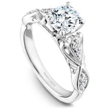 A Noam Carver engraved white gold engagement ring with a detailed band and 8 diamonds.