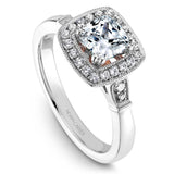A Noam Carver white gold engagement ring with rose accents on a setting, a cushion cut center stone, a halo & 24 diamonds.