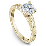 A Noam Carver engraved yellow gold engagement ring with a round centerpiece.