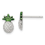 Sterling Silver Pineapple with Green Enamel Post Earrings