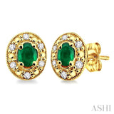 4x3mm Oval Shaped Emerald and 1/10 Ctw Single Cut Diamond Earrings in 14K Yellow Gold