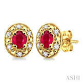 4x3mm Oval Shaped Ruby and 1/10 Ctw Single Cut Diamond Earrings in 14K Yellow Gold