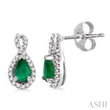 5x3mm Pear Shape Emerald and 1/6 Ctw Round Cut Diamond Earrings in 14K White Gold