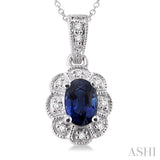 Silver Oval Shape Gemstone & Diamond Pendant