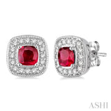 4x4 mm Cushion Cut Ruby and 1/5 Ctw Round Cut Diamond Earrings in 14K White Gold
